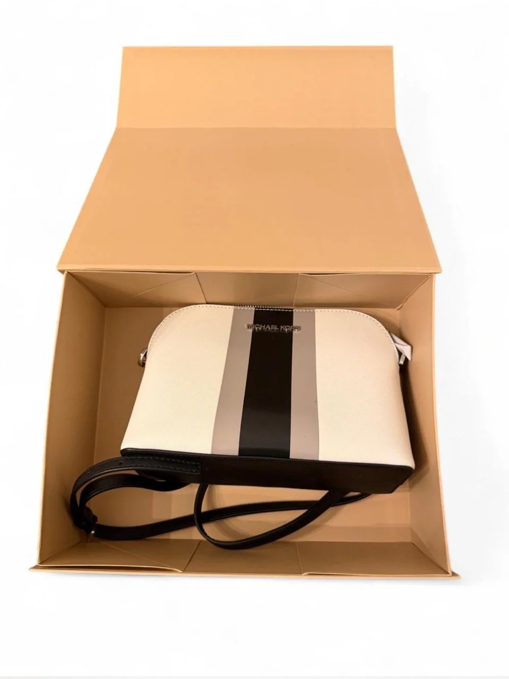 Michael Kors White Crossbody with Black and Gray Center Stripes